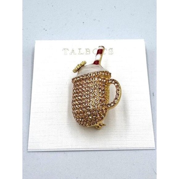 Accessories - NWT Talbots Gold-Tone Pave Crystal Mug Brooch Pin With Straw & Whipped Cream